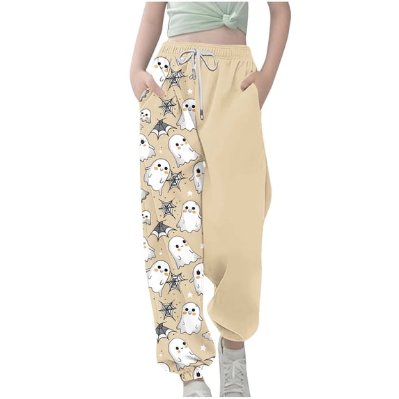 Girls Boys Halloween Printed Sweatpants Child Drawstring Elastic Waisted Baggy Joggers Athletic Sports Trousers with Pockets Beige 7-8Y