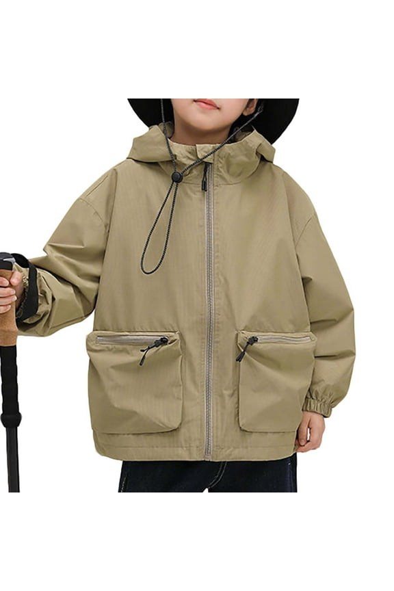 Girls Boys Hooded Jacket Lightweight Raincoat Windbreaker Outwear Rain Jackets for Kids Boys Khaki 7-8 Years