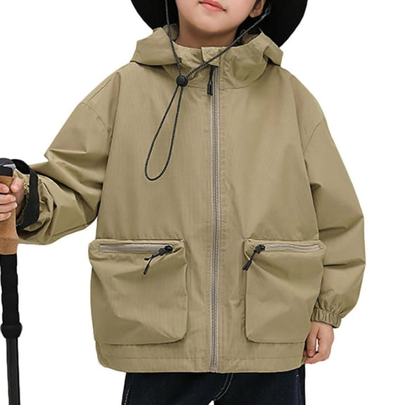 Girls Boys Hooded Jacket Lightweight Raincoat Windbreaker Outwear Rain Jackets for Kids Boys Khaki 9-10 Years