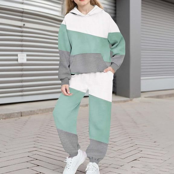 Girls Boys Hoodie and Sweatpants Color Block Fleece Sweatsuit 2 Piece Jogger Set Tracksuit Fall Winter Outfits New Kids Pajamas Girls Green 12-13 Years