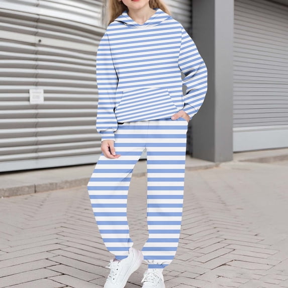 Girls Boys Hoodie and Sweatpants Striped Fleece Sweatsuit 2 Piece Jogger Set Tracksuit Fall Winter Outfits New 2 Piece Sets for Girls Winter Light Blue 6-7 Years