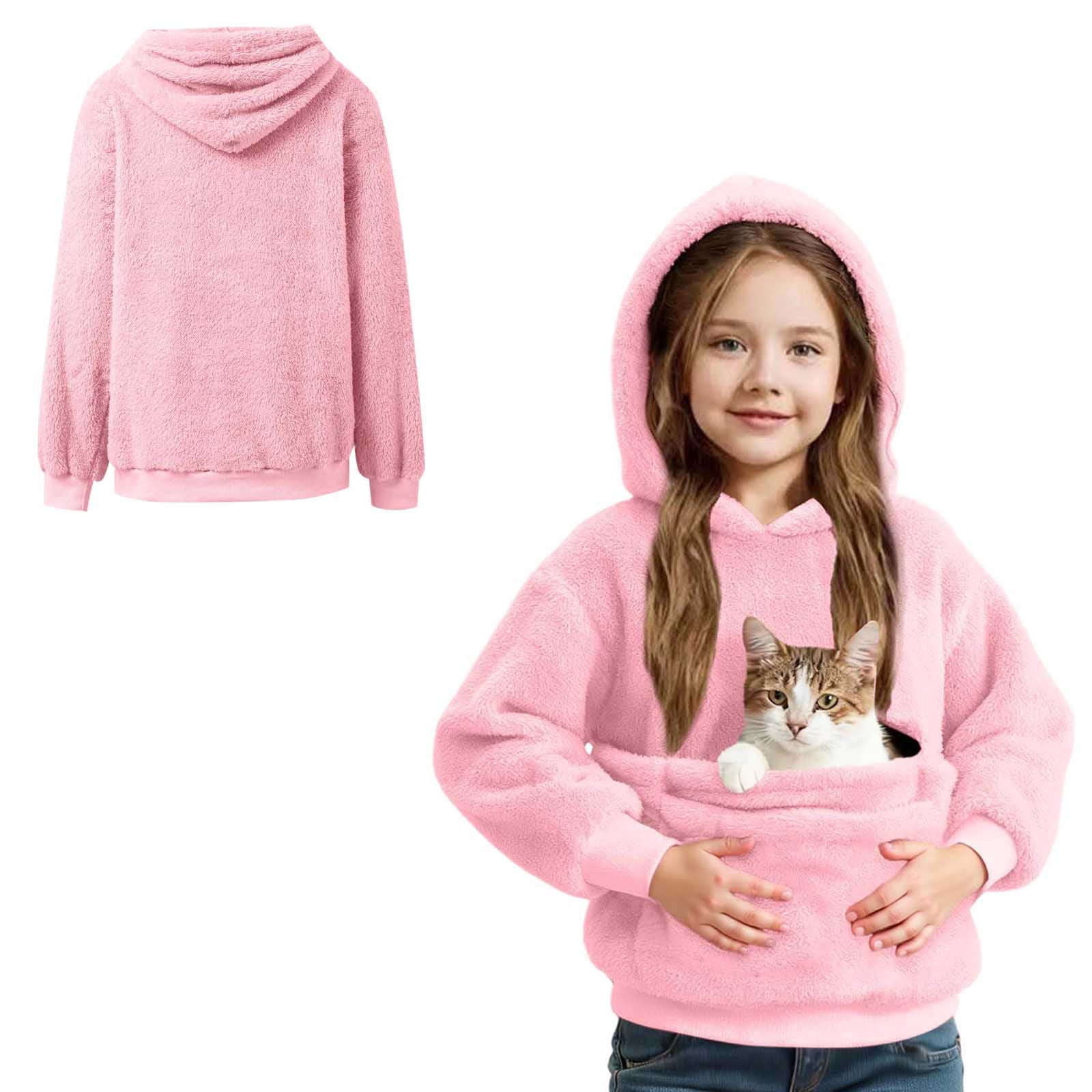 Girls Boys Hoodie with Dog Pouch Fuzzy Pet Hoodie Carrier Long Sleeve Top with Pocket Fall Winter Clothes 9-10 Years
