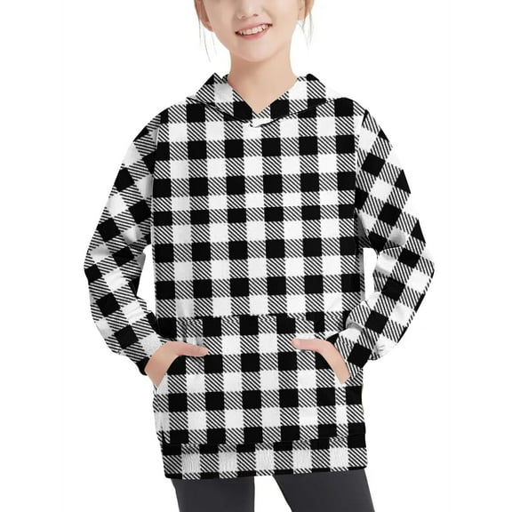 Girls & Boys Hoodies with Front Pocket Pullover Fleece Lined Sweatshirts Size 4-14 Teens Kids Casual Long Sleeve Plaid Printed Warm Hooded Tops