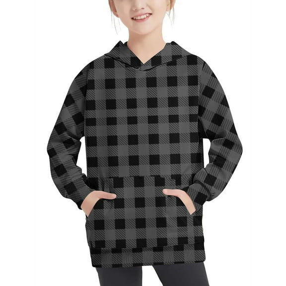 Girls & Boys Hoodies with Front Pocket Pullover Fleece Lined Sweatshirts Size 4-14 Teens Kids Casual Long Sleeve Plaid Printed Warm Hooded Tops