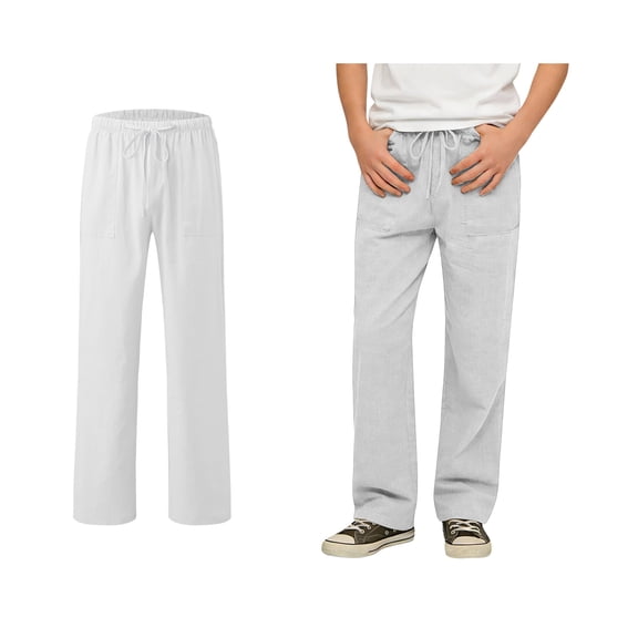 Girls Boys Jogger Sweatpants Linen White Pants Boys Drawstring Pants with Pockets Girls Solid Pants Kids Pants Boys 16-17 Years