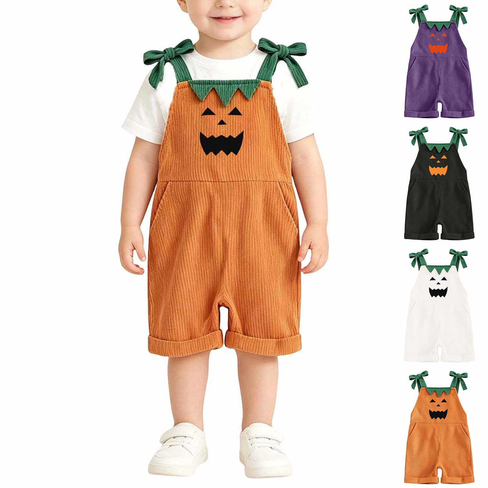 Girls Boys Jumpsuit Adjustable Strap Sleeveless Romper Shorts Halloween Pumpkin Size 1-7 Years