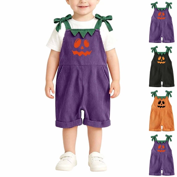 Girls Boys Jumpsuit Adjustable Strap Sleeveless Romper Shorts Halloween Pumpkin Size 1-7 Years