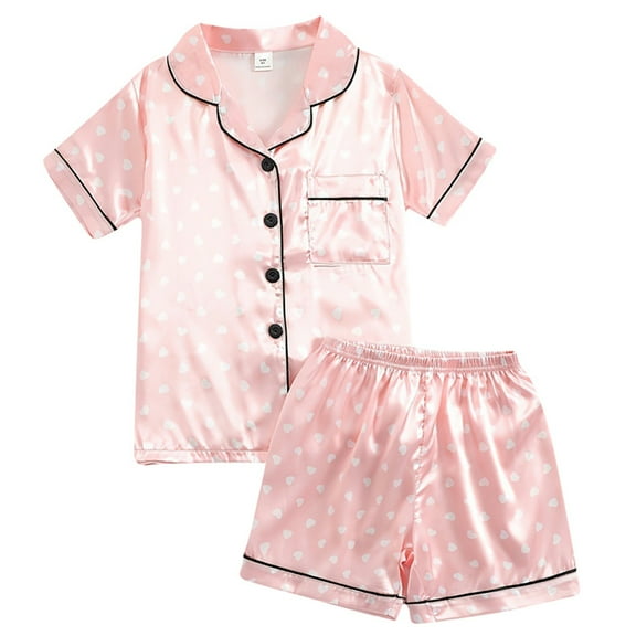 Kids Girls Boys Satin Pajamas Sets Short Sleeve Button-Down Sets Sleepwear Soft Lounge PJs 5-14Y