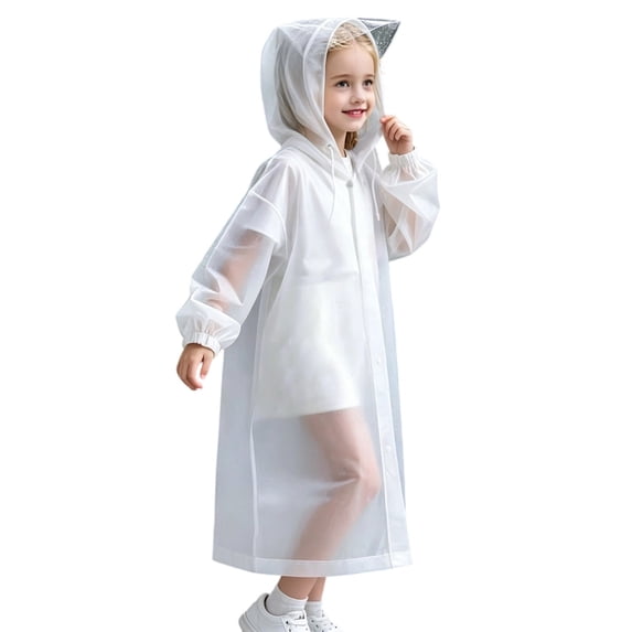 Girls Boys Kids Waterproof Long Solid Color Hooded Rain Coat with Transparent Brim for School Travel Rainy Season Rainwear One Size