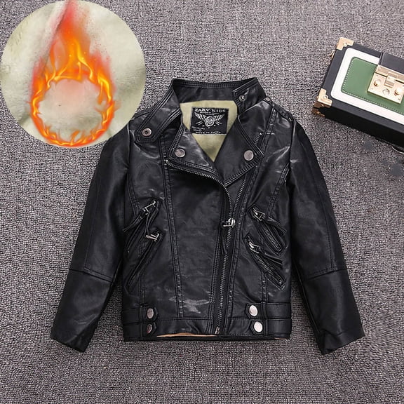 Girls Boys Leather Jacket Coats Solid Zipper Pockets Long Sleeve Leather Coats Windproof Water Proof Collar Pleated Tops Clothes Kids Boys Thick Fall Jacket Outwear Black 2-3 Years