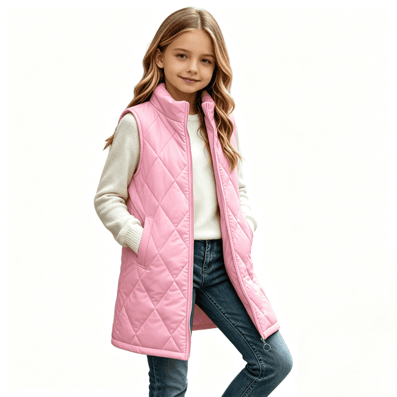 Girls Boys Long Quilted Puffer Vest Stand Collar Sleeveless Jacket