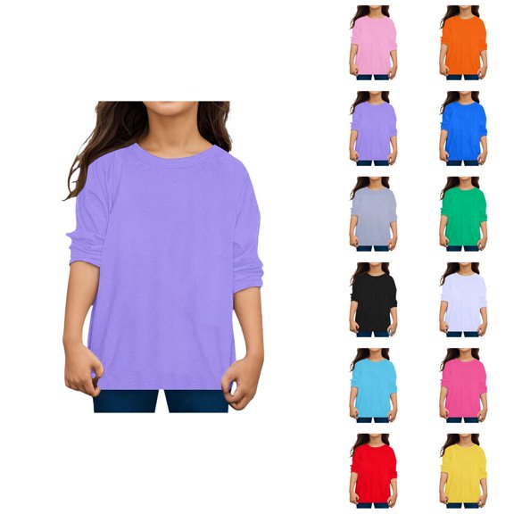 Girls Boys Long Sleeve Shirts 2026 Trendy Spring Fall Solid Color Crew Neck Tshirt Shirts Girls Boys Blouse Top