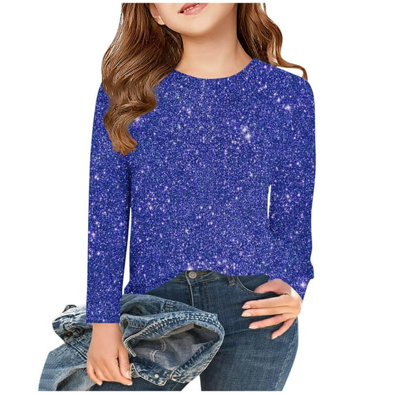 Girls Boys Long Sleeve Shirts Kids Glitter Shiny Print Crewneck Layering Tops Casual Loose Fit Basic Athletic Pullover Tee