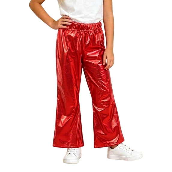 Girls Boys Metallic Hip Hop Pants Shiny Sequin Sparkly Elastic Waist Loose Dance Trousers for Performances and Casual Red 9-10Years