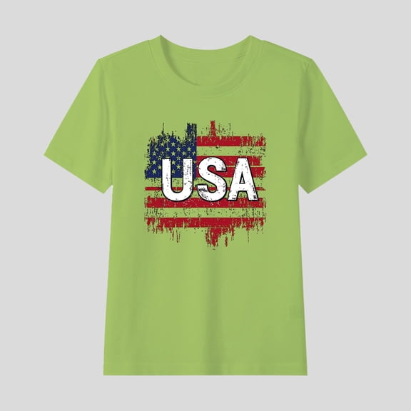 Girls Boys New Independence Day New Top American Flag Patriotic T-Shirt Casual Short Sleeve Round Neck Cotton Tops Green 14-15 Years