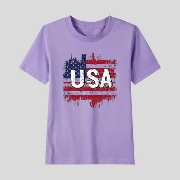 Girls Boys New Independence Day New Top American Flag Patriotic T-Shirt Casual Short Sleeve Round Neck Cotton Tops Purple 5-6 Years