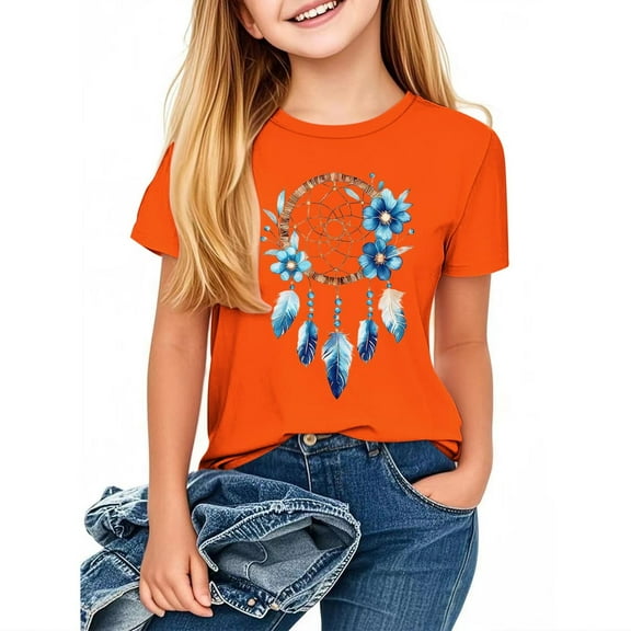 Girls Boys Orange Short Sleeve T Shirts Kids Round Neck Funny Girls Tshirts Teenage Comfy Summer Cartoon Cute Casual Sports Loose School Tunic Tops 3-14 Years Orange B 11-12 Years