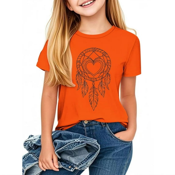 Girls Boys Orange Short Sleeve T Shirts Kids Round Neck Tshirts Teenage Comfy Summer Cartoon Cute Casual Sports Loose School Tunic Tops 3-14 Years Orange B 11-12 Years