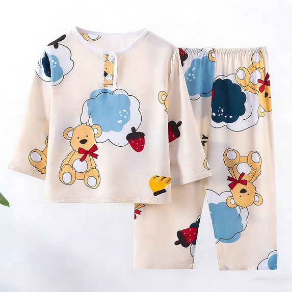 Girls Boys Outfits 2PC Comfy Casual Printed Short Sleeve Button Pullover Top Sets Loungwear Sleepwear Beige 13-14 Years
