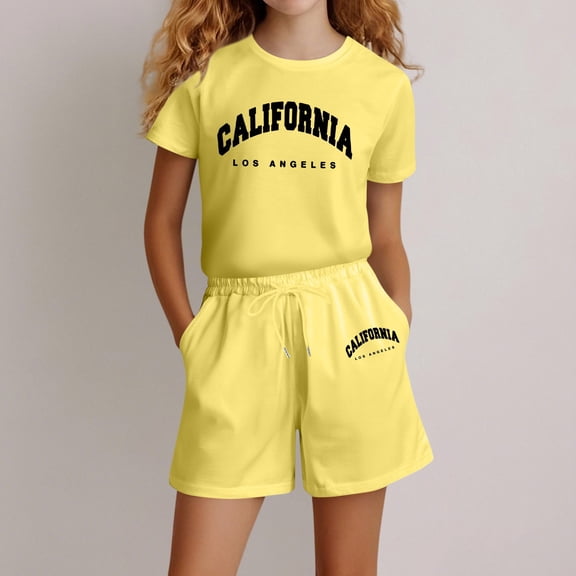 Girls Boys Outfits Set Girls city Letter Print Casual Loose Short Sleeve Suit Yellow 9-10 Years