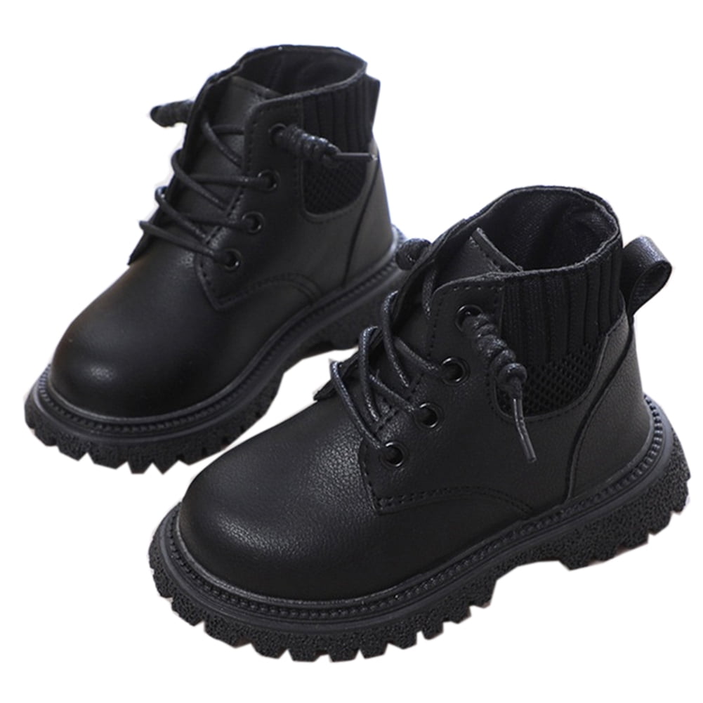 Girls Boys PU Leather Ankle Boots Lace Up Waterproof Combat