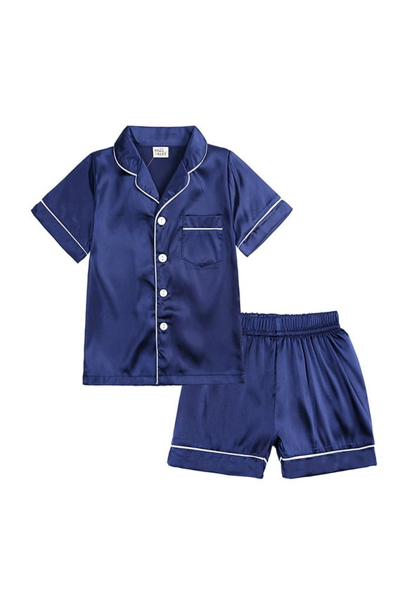 Girls Boys Pajamas Shorts Set Satin Ilk Short Sleeves Sleepwear 2 Piece Button Down Classic Loungewear Shorts Toddler Girls Nightgowns Size 100 Blue
