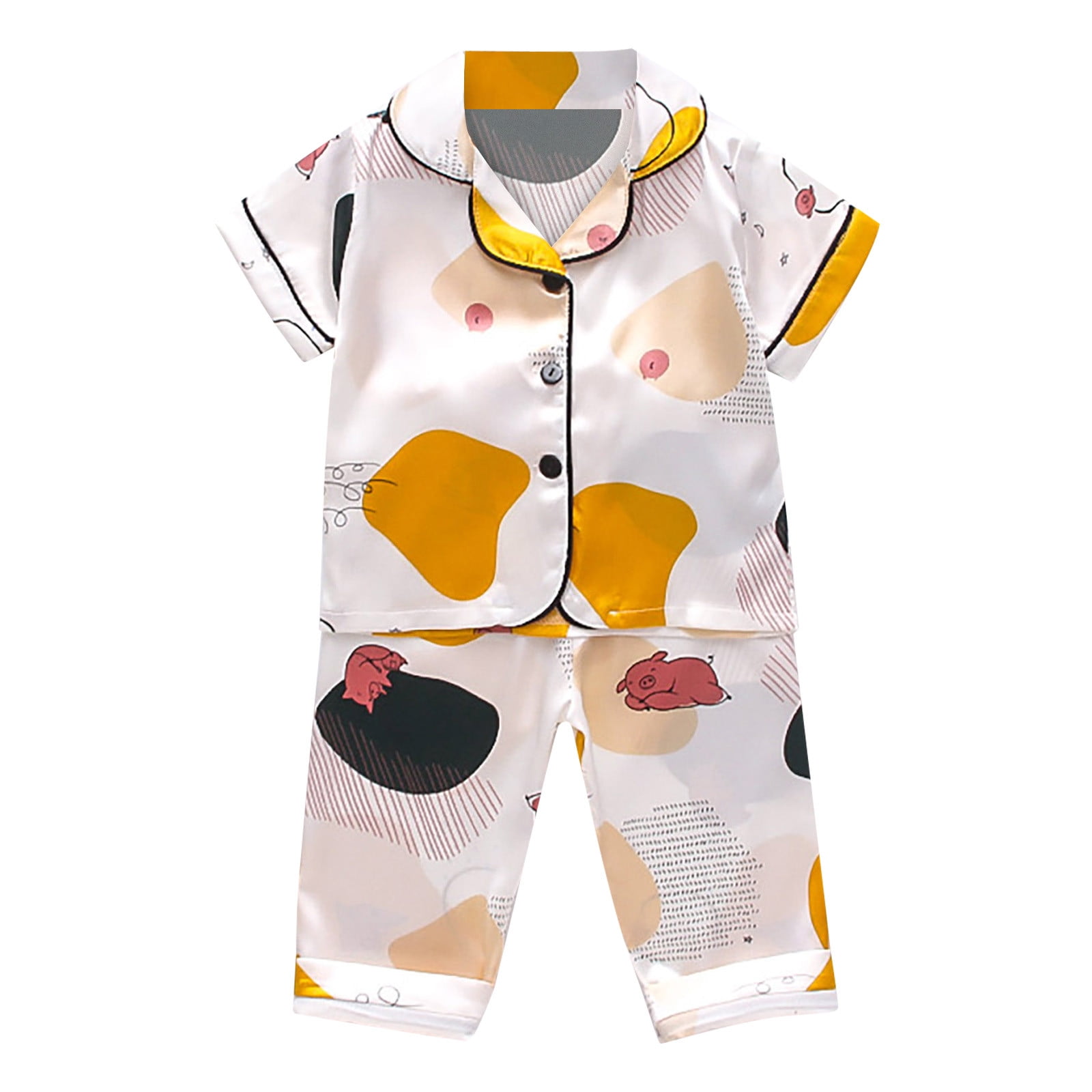 Girls Boys Pajamas Shorts Set Satin Short Sleeve Cartoon Button Down