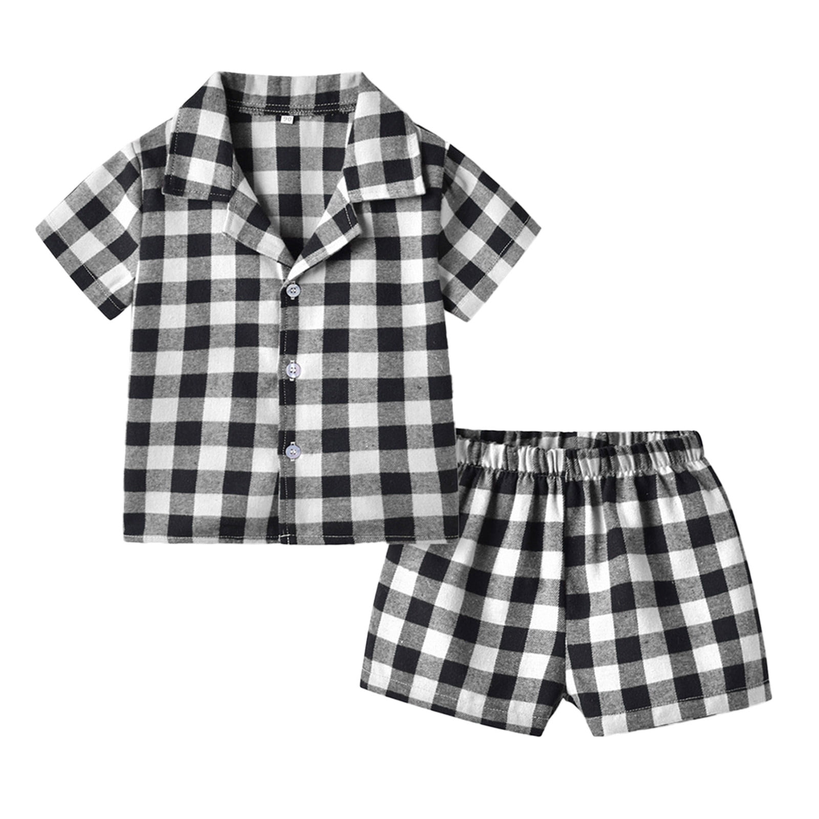 Girls Boys Pajamas Shorts Set Spring Summer Plaid Cotton Short Sleeve