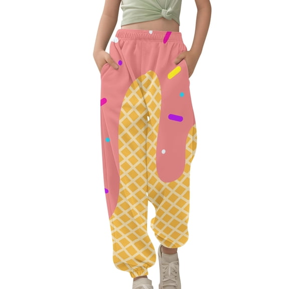 Girls Boys Pants Elastic Waistband Sweatpants With Melting Ice Cream Cone Pattern Funny Jogging Baseball Style Sports Pants Pink 12-13 Years