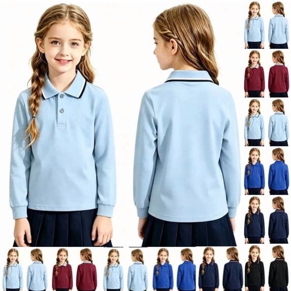 Girls Boys Polo Shirt Long Sleeve Collared School Uniform Quick Dry Polo Shirt,Light Blue 110