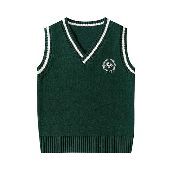 Girls Boys Preppy Sweater Vest Casual V Neck Pullover Sweater Sleeveless Knit School Uniform Vests Tops Green, 11 Y