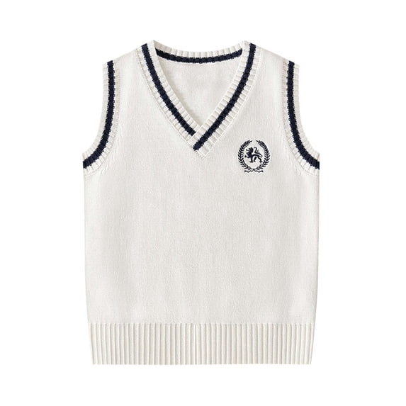 Girls Boys Preppy Sweater Vest Casual V Neck Pullover Sweater Sleeveless Knit School Uniform Vests Tops White, 11 Y