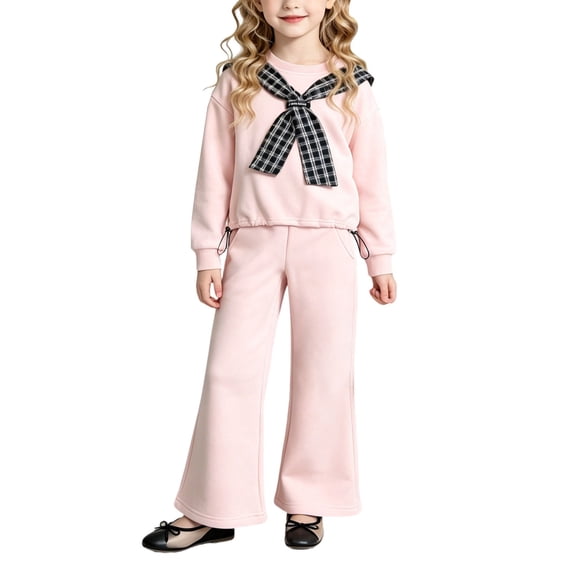 Girls Boys Preppy Sweatsuit 2 Pcs Outfits Retro Plaid Sailor Tie Crewneck Sweatshirt and Wide Leg Sweatpants Trendy Tracksuit