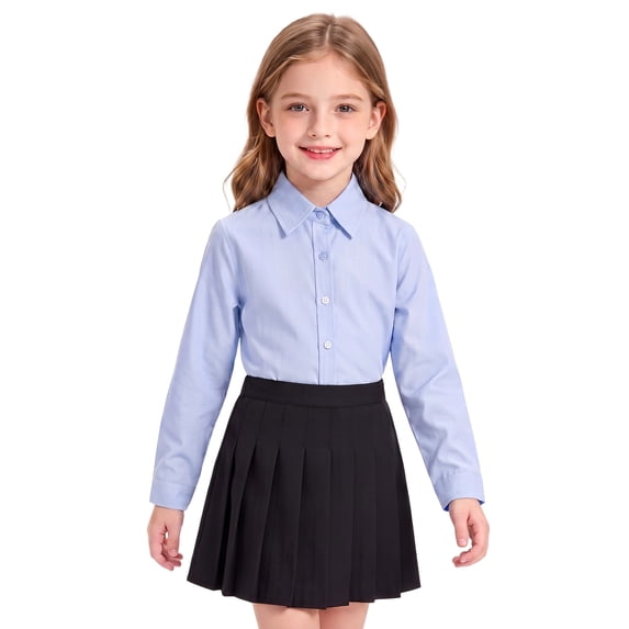 Girls Boys School Uniform Dress Shirt Long Sleeve Button Front Collared Formal Casual Top for Students Basic School Uniform