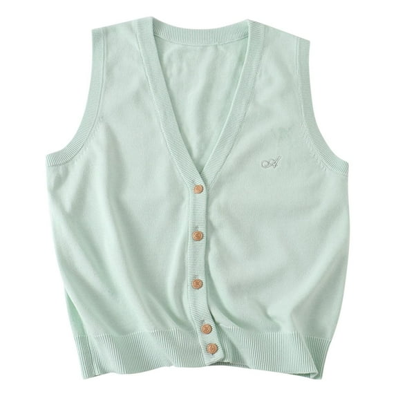 Girls Boys School Uniform Sweater Vests, Solid Color Button V-Neck Classic Knit Vests Big Children Sleeveless Cardigan Tops Mint Green M