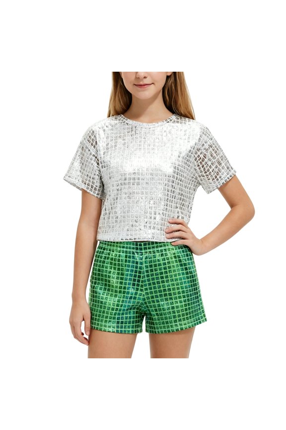 Girls Boys Sequin Dance Shorts Sparkling Polka Dot Performance Stretchy Stage Wear 3-17 Years