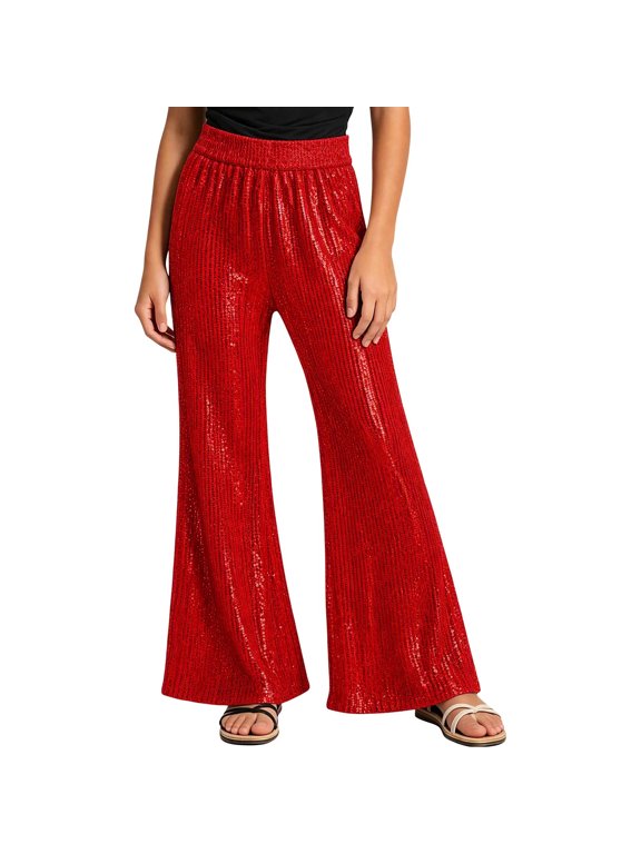 Girls Boys Sequin Flare Pants ,Elastic High Waist Wide Leg Trousers for Festival Stage Party Gathering Wear