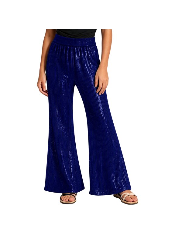 Girls Boys Sequin Flare Pants ,Elastic High Waist Wide Leg Trousers for Festival Stage Party Gathering Wear