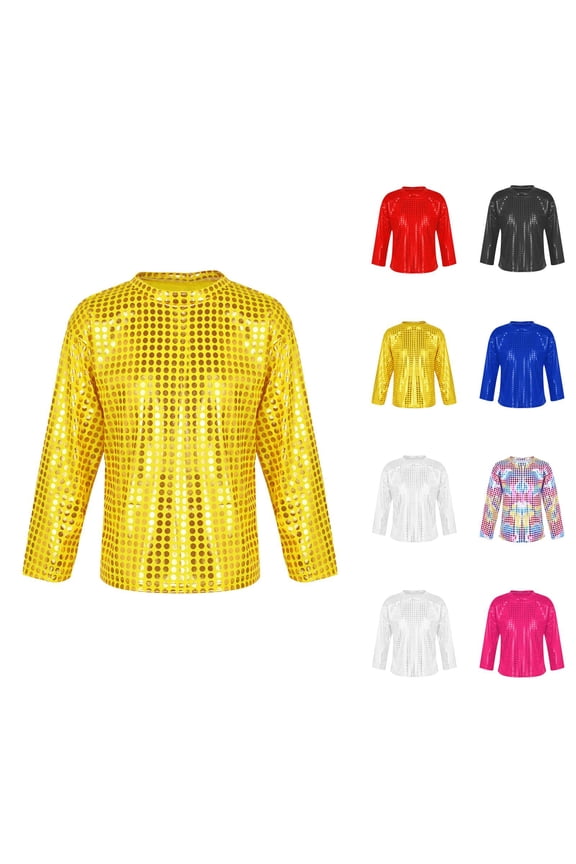 Girls Boys Sequin Shirts 2025 Casual Long Sleeve Crew Neck Glitter Sparkle Tshirt Shirts Girls Boys Carnival Rave Top