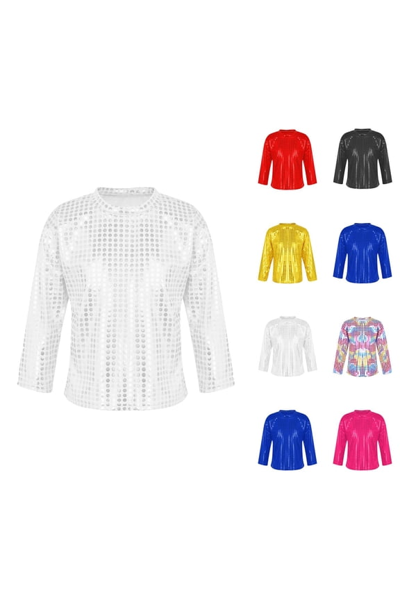 Girls Boys Sequin Shirts 2025 Casual Long Sleeve Crew Neck Glitter Sparkle Tshirt Shirts Girls Boys Carnival Rave Top