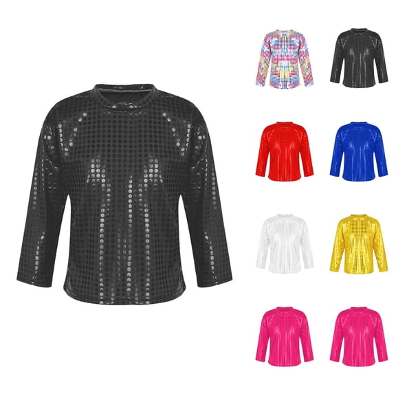 Girls Boys Sequin Shirts 2026 Trendy Long Sleeve Crewneck Glitter Sparkle Tshirt Shirts Boys Girls Carnival Rave Top