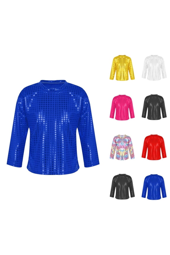 Girls Boys Sequin Shirts 2026 Casual Long Sleeve Crew Neck Glitter Sparkle Tshirt Shirts Girls Boys Carnival Rave Top