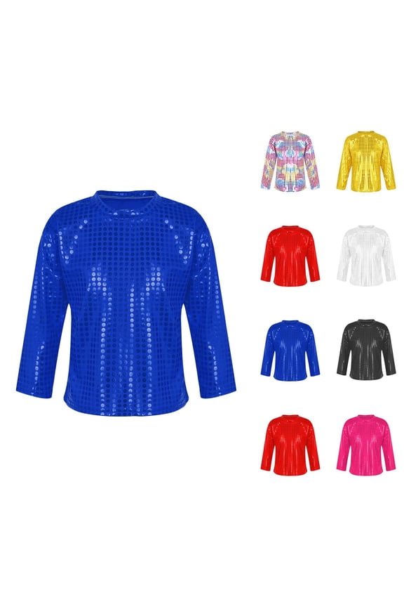 Girls Boys Sequin Shirts 2026 Trendy Long Sleeve Glitter Sparkle Crew Neck Tshirt Shirts Girls Boys Carnival Rave Top