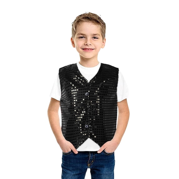 Girls Boys Sequin Vest Sleeveless Shiny Sequins Hop Jazz Dance Waistcoat (Black 12-18 Months)