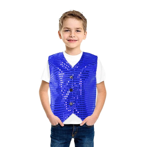 Girls Boys Sequin Vest Sleeveless Shiny Sequins Hop Jazz Dance Waistcoat (Blue 6-7 Years)