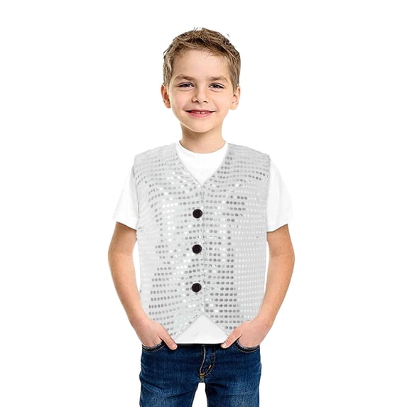 Girls Boys Sequin Vest Sleeveless Shiny Sequins Hop Jazz Dance Waistcoat (Silver 18-24 Months)