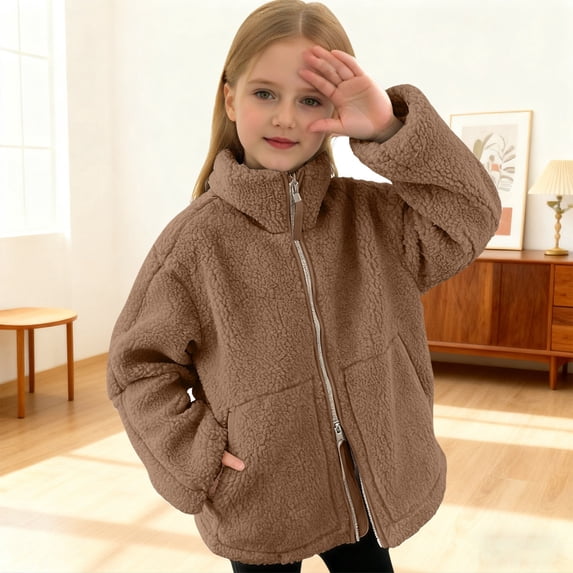 Girls Boys Sherpa Jacket Fuzzy Winter Coats (Coffee 7-8 Years)
