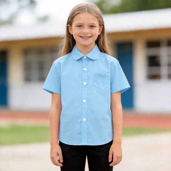 Girls Boys Short Sleeve Fashion Casual Dress Shirts Sky Blue Button Down Shirts Summer Formal School Uniform Shirt with Pocket 6-7 Years