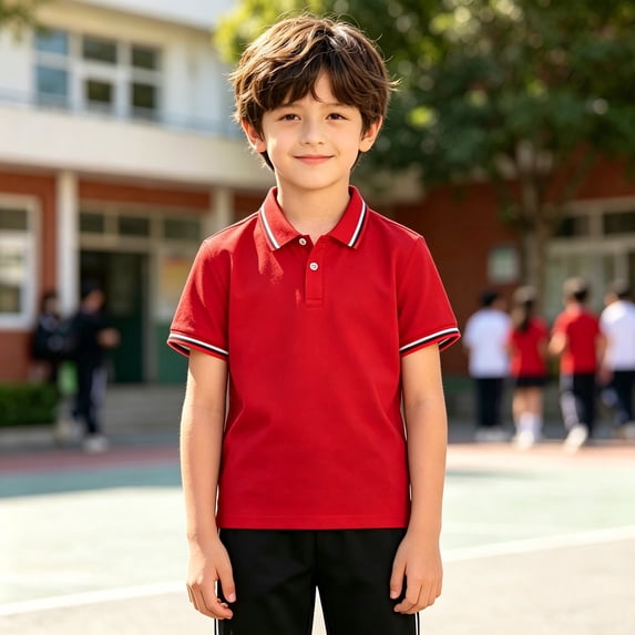 Girls Boys Short Sleeve Polo Shirt School Uniform Tops Button Down Red Kids Breathable Cute Summer Collared Golf Shirt 5-6 Years