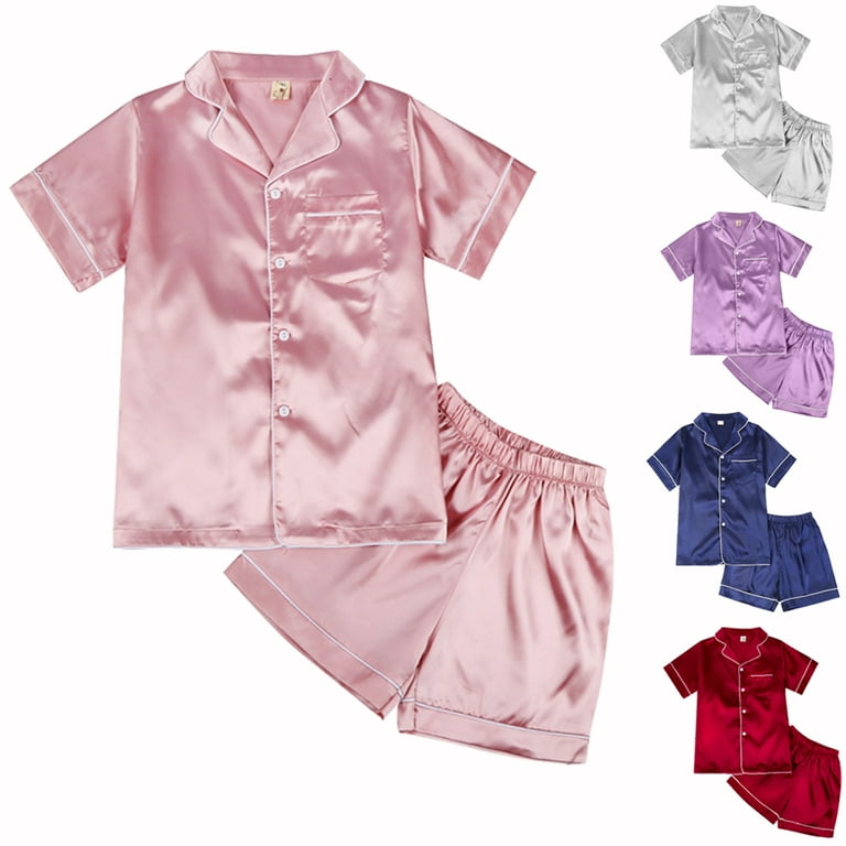 Girls Boys Silk Satin Pajamas Pyjamas Pjs Kids Child Top Shirt + Pants  Sleepwear Set